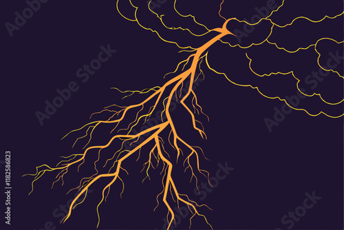 Lightning bolt, electrical discharge, glowing orange, jagged lines, energy streak, transparent background, dark atmosphere, luminous effect, electric power, storm visual, dynamic force, abstract elect