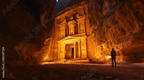 Illuminated Petra Treasury Ancient City Canyon photo