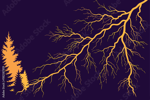 Lightning bolt, electrical discharge, glowing orange, jagged lines, energy streak, transparent background, dark atmosphere, luminous effect, electric power, storm visual, dynamic force, abstract elect
