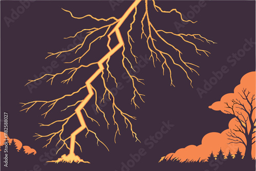 Lightning bolt, electrical discharge, glowing orange, jagged lines, energy streak, transparent background, dark atmosphere, luminous effect, electric power, storm visual, dynamic force, abstract elect