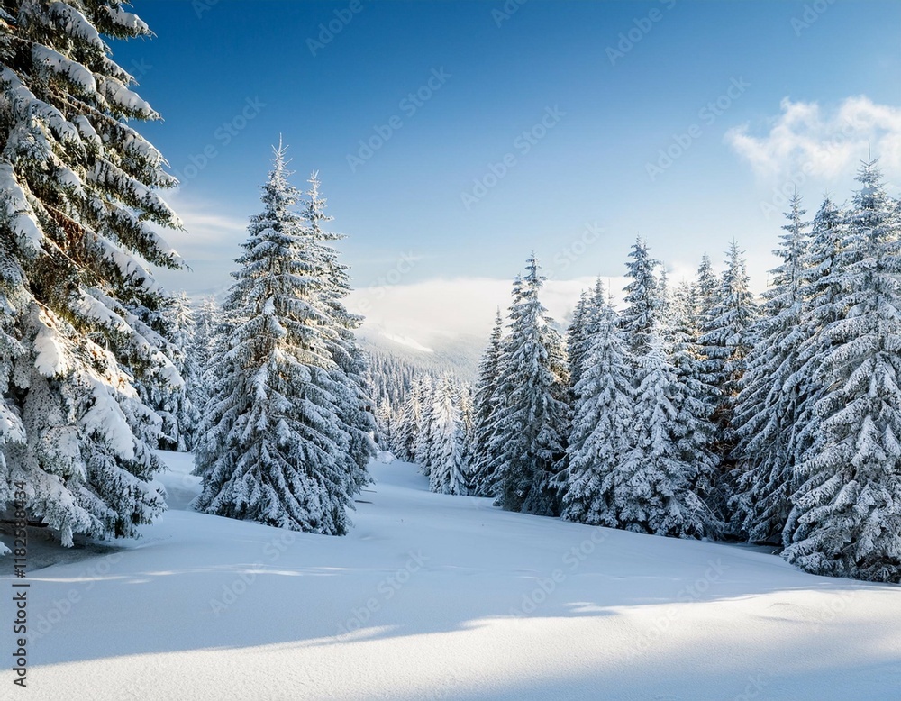 evergreen trees covered in snow during winter creating a peaceful wintery landscape evergreen trees covered in snow during winter creating a peaceful wintery landscape