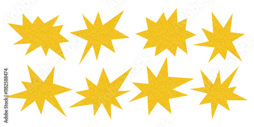 Abstract textured star shapes set. Simple grainy sparks. Pop art Funky groovy Doodle Stars isolated on white. Starburst icon sticker for design. Element for poster banner collage