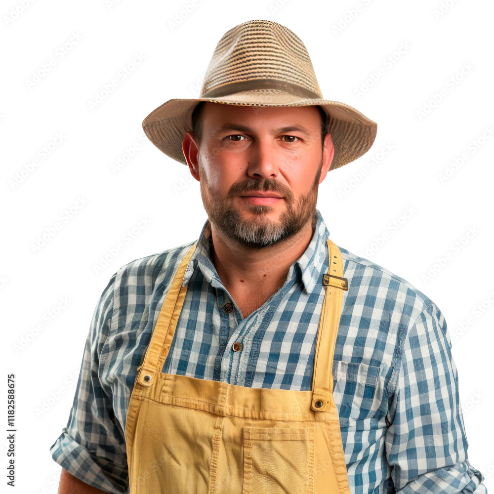 Caucasian farmer in a hat, isolated on transparent background. PNG element. Caucasian farmer in a hat, isolated on transparent background. PNG element.