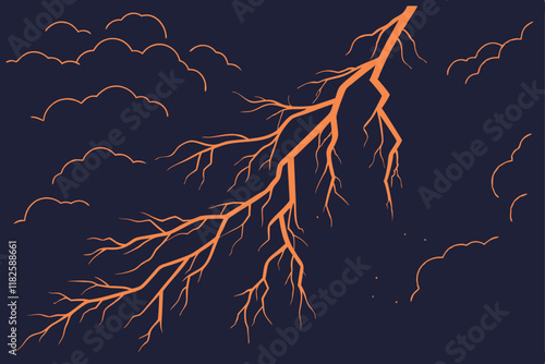 Lightning bolt, electrical discharge, glowing orange, jagged lines, energy streak, transparent background, dark atmosphere, luminous effect, electric power, storm visual, dynamic force, abstract elect