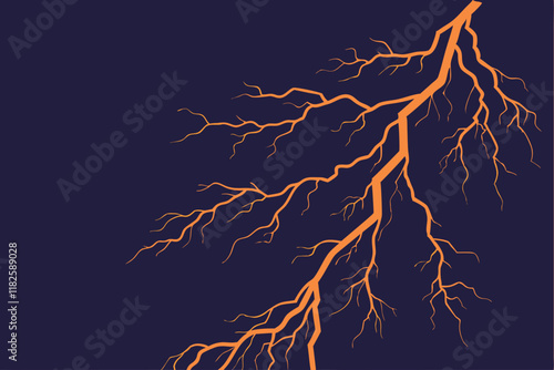 Lightning bolt, electrical discharge, glowing orange, jagged lines, energy streak, transparent background, dark atmosphere, luminous effect, electric power, storm visual, dynamic force, abstract elect