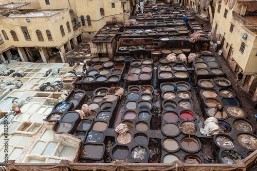 Africa, Morocco, Fes. Overview of tannery pools used to dye cloth. photo