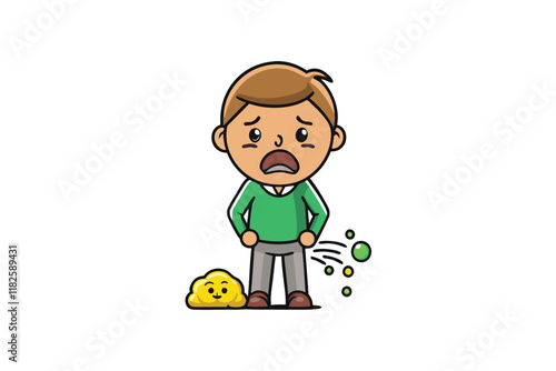 Cartoon illustration of a boy experiencing embarrassment with comical gas bubbles and a humorous yellow cloud, depicting an awkward moment