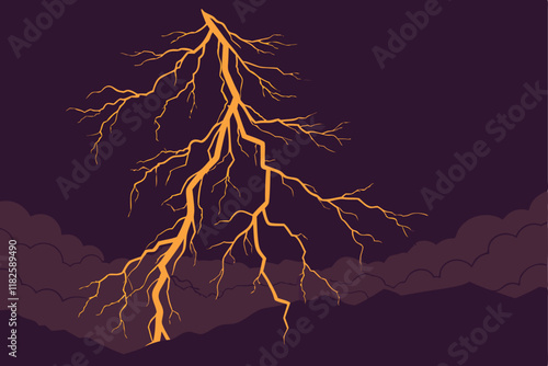 Lightning bolt, electrical discharge, glowing orange, jagged lines, energy streak, transparent background, dark atmosphere, luminous effect, electric power, storm visual, dynamic force, abstract elect