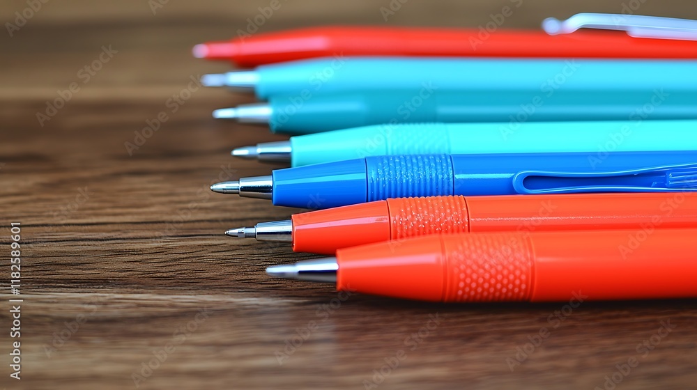 Fototapeta premium Colorful pens arranged on wooden desk, office background