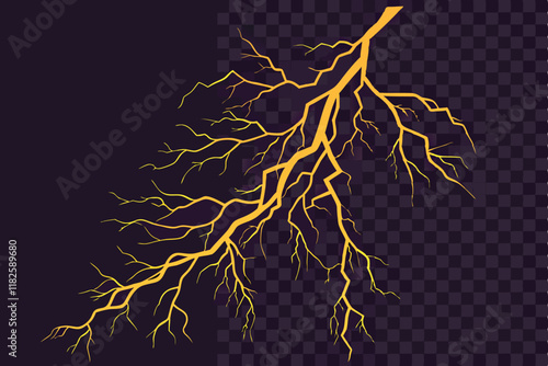 Lightning bolt, electrical discharge, glowing orange, jagged lines, energy streak, transparent background, dark atmosphere, luminous effect, electric power, storm visual, dynamic force, abstract elect