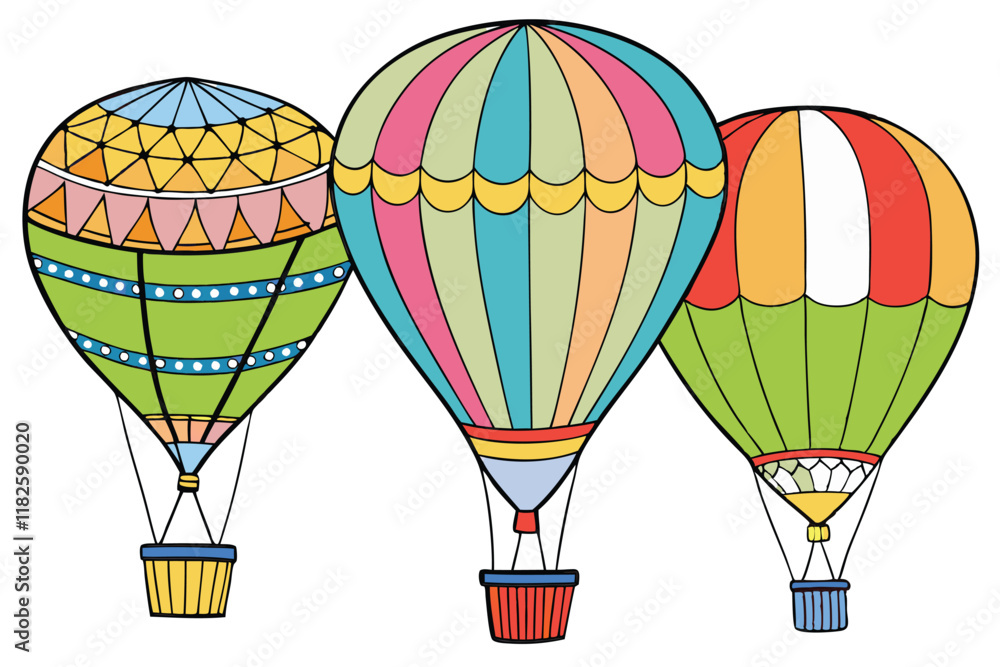 Naklejka premium Colorful hot air balloon illustrations with diverse patterns, evoking feelings of adventure, leisure, and exploration in the sky