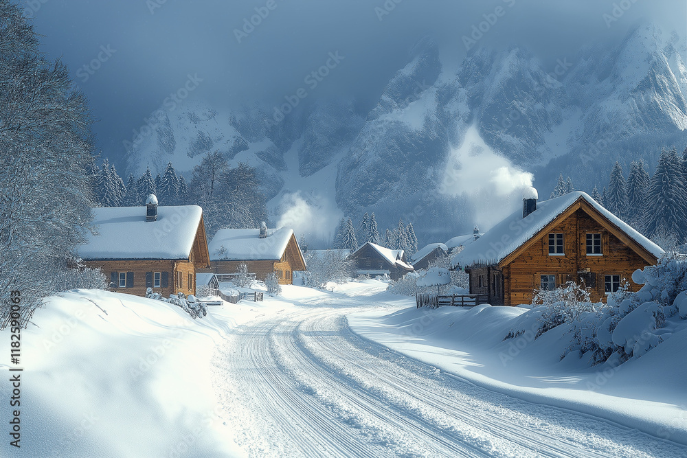 Naklejka premium Village alpin enneigé au lever du soleil avec chalets et montagnes