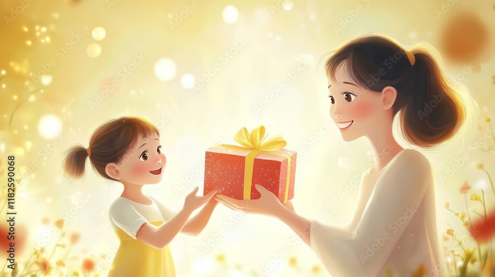 Asian female child receives gift from asian female adult in bright whimsical scene Asian female child receives gift from asian female adult in bright whimsical scene