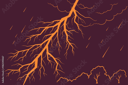 Lightning bolt, electrical discharge, glowing orange, jagged lines, energy streak, transparent background, dark atmosphere, luminous effect, electric power, storm visual, dynamic force, abstract elect