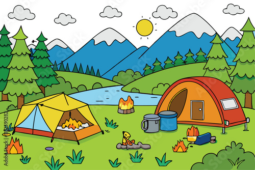 Cartoon landscape of a camping adventure with tents, campfires, and mountains, capturing the joy of outdoor exploration and nature