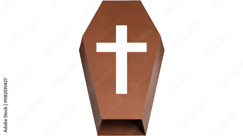 Obraz premium Brown coffin with white cross, symbolic of death and faith. background removed