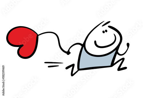 Stickman runs away,  late for a date. Vector illustration of funny doodle man carrying a heart-shaped balloon, hurrying to the bride. Isolated cartoon person on white background.