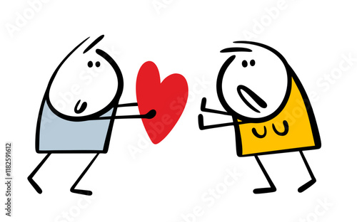 Funny stickman gives a heart to a disgruntled woman. Vector illustration of a girl renouncing love. Doodle unhappy lover. Isolated cartoon person on white background.