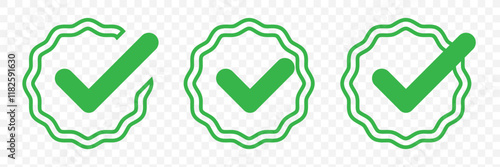 Green check mark, isolated tick symbols, checklist signs, and an approval badge. Flat and modern checkmark design, vector illustration.