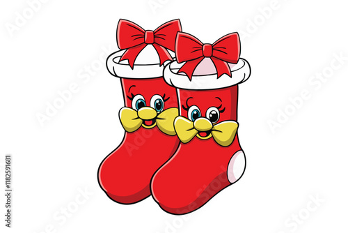 Bright and cheerful red Christmas stockings illustration with bows, festive details, and a whimsical holiday vibe