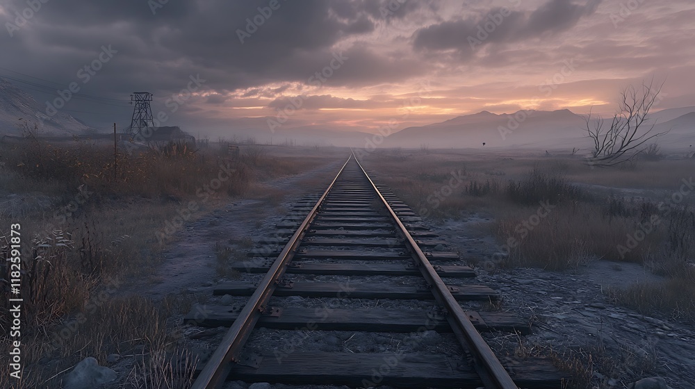 Fototapeta premium Lonely Railroad Tracks Vanishing Into Sunset Mountains