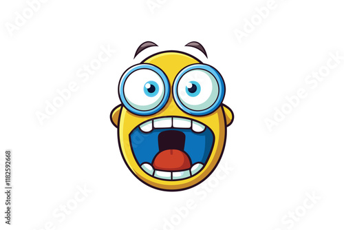 Funny emoticon with exaggerated frightened face, wearing glasses, and expressing comical shock and awe