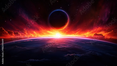 stunning cosmic view captures a sunset from the edge of space, showcasing a planet beneath a radiant atmosphere filled with vivid oranges, reds, and deep blues. celestial body looms above