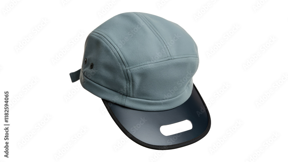 A stylish, light-blue five-panel camper cap with a unique black visor. background removed A stylish, light-blue five-panel camper cap with a unique black visor. background removed