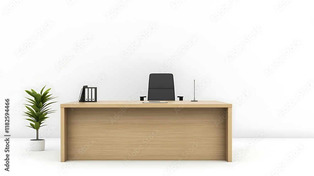 A wooden desk with a chair and a potted plant in front of it A wooden desk with a chair and a potted plant in front of it