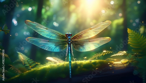 beautiful glowing translucent dragonfly with large wings resting on a green leaf in a magical forest with bokeh and sun rays