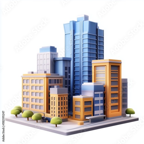 modern city building 3d render icons in cartoon plastic style minimal isolated on white background, clipping path