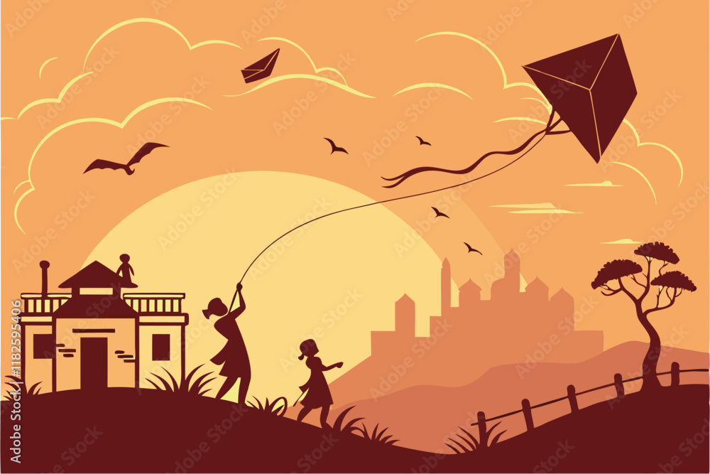 Naklejka premium Makar Sankranti festival, kite flying celebration, vibrant orange sunset sky, silhouettes of people on rooftop, cityscape skyline, flying kites, joyful atmosphere, Indian culture, festive greeting car