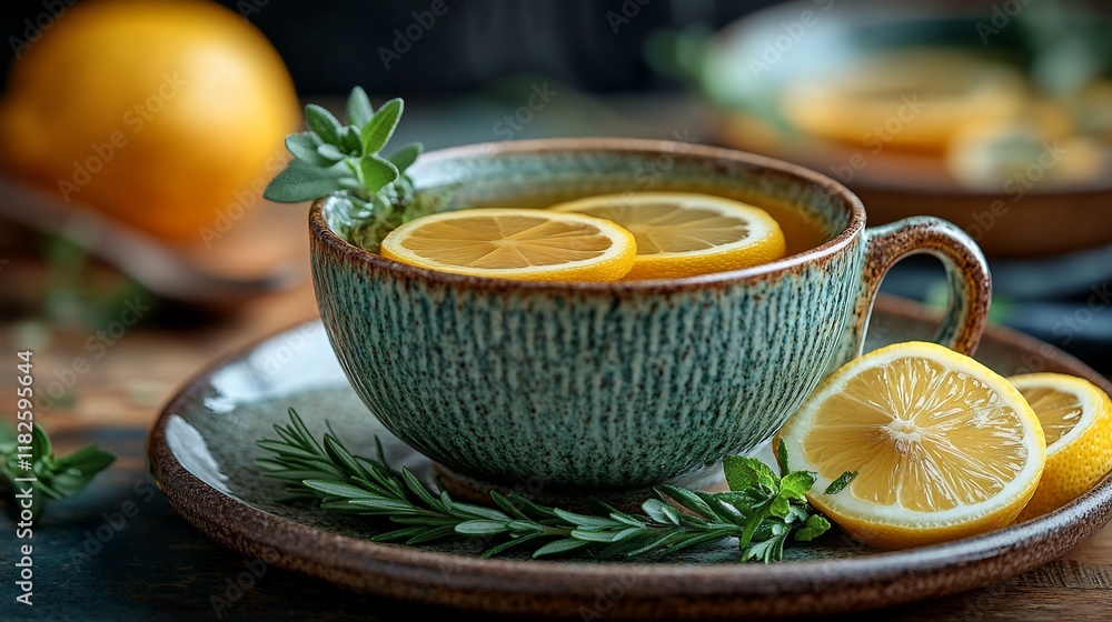 Aromatic Herbal Tea with Lemon Slices in Rustic Cup Aromatic Herbal Tea with Lemon Slices in Rustic Cup