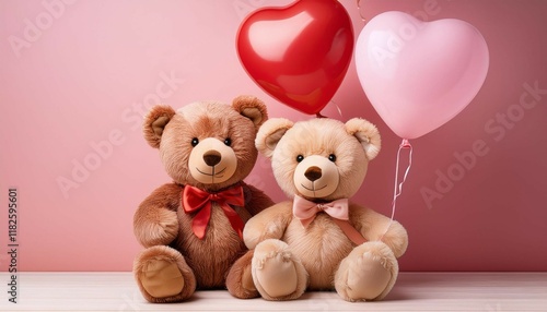 two adorable teddy bears hold heart shaped balloons against a soft pink background perfect for conveying love and affection