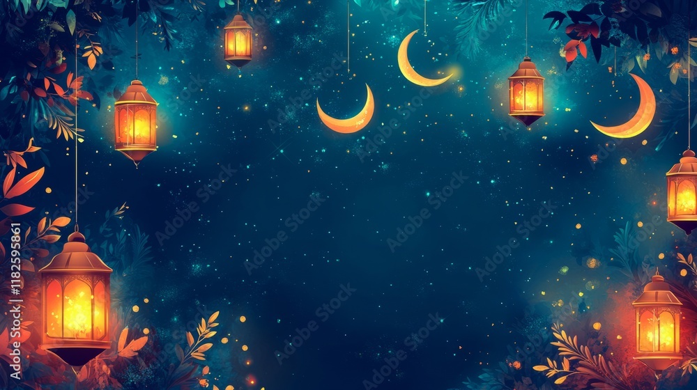 Fototapeta premium Vibrant glowing lanterns and star patterns creating a festive Ramadan-themed frame, Ramadan bakcground