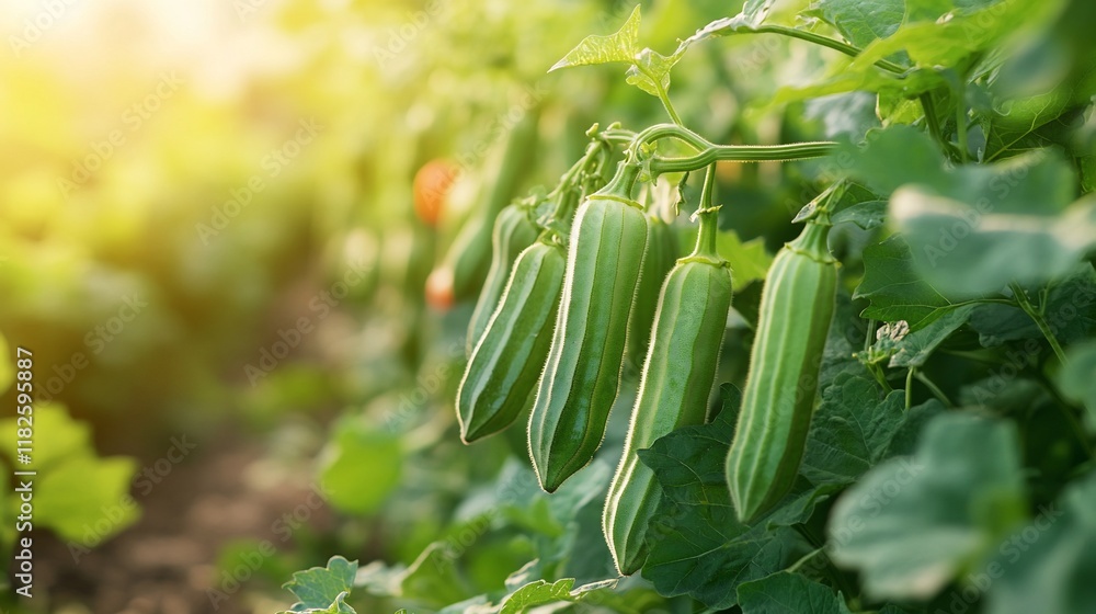 Okra harvest, sunny field, organic farming Okra harvest, sunny field, organic farming