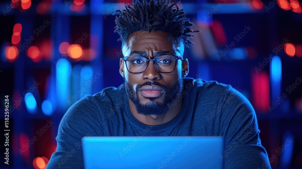 man wearing glasses sits intently in front of a laptop in a dark room illuminated by vibrant blue and red lights, deep in concentration during the evening man wearing glasses sits intently in front of a laptop in a dark room illuminated by vibrant blue and red lights, deep in concentration during the evening