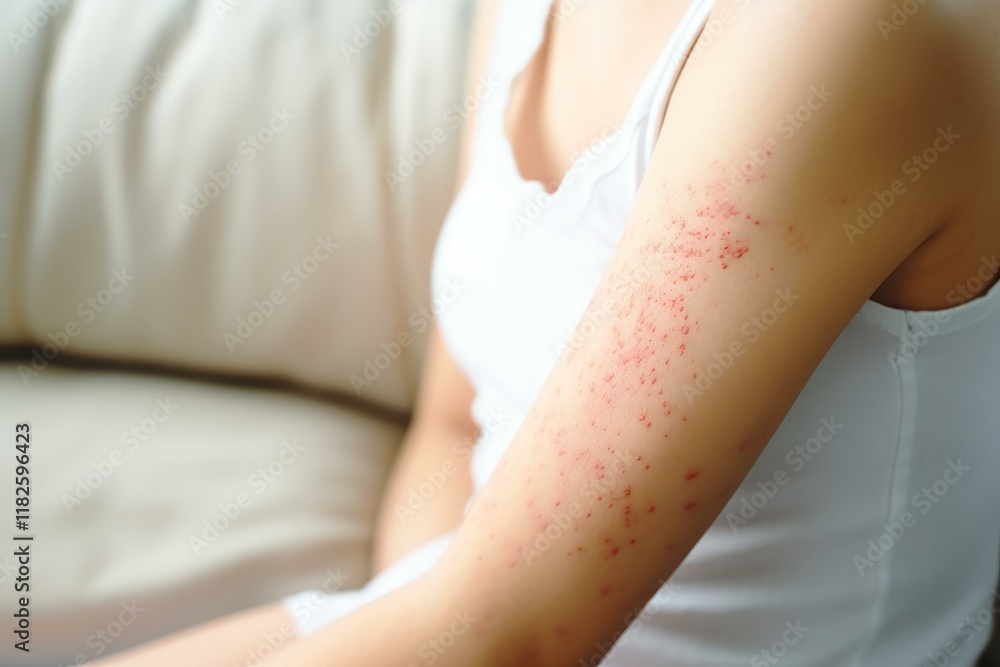 Fototapeta premium Close up of a woman's arm showing a red rash, possibly indicating a skin allergy requiring treatment