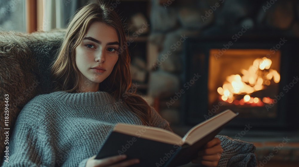 Beautiful young woman wearing gray sweater, sitting in armchair and reading a book near the fireplace. warm and comfortable at home relax in cozy room during winter. evening leisure, flame burning. Beautiful young woman wearing gray sweater, sitting in armchair and reading a book near the fireplace. warm and comfortable at home relax in cozy room during winter. evening leisure, flame burning.