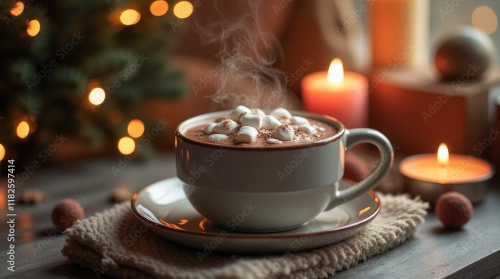 Steaming hot chocolate with marshmallows in cozy candlelit setting Steaming hot chocolate with marshmallows in cozy candlelit setting