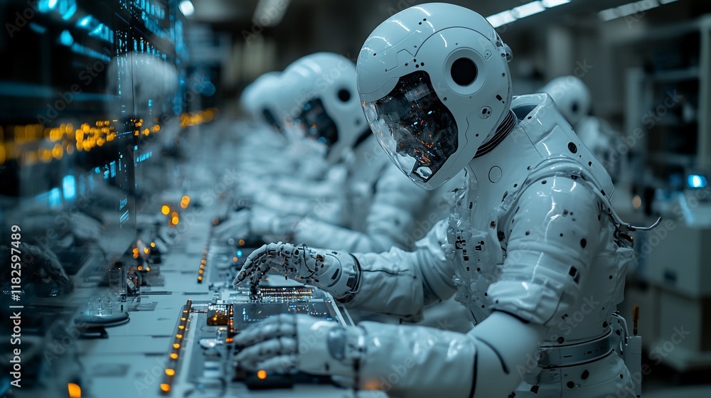 Fototapeta premium Robotic Astronauts Working In Futuristic Control Room