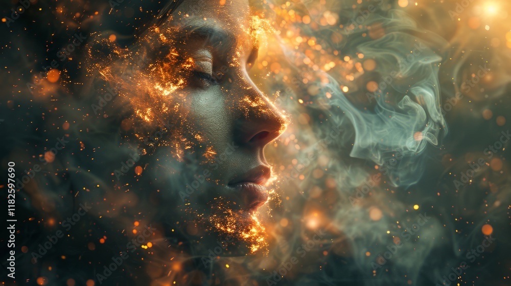 A woman's serene face amidst glowing light particles and swirling smoke, set on a dark background. Concept of mental health and emotional intelligence A woman's serene face amidst glowing light particles and swirling smoke, set on a dark background. Concept of mental health and emotional intelligence
