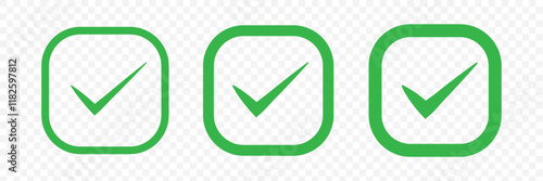 Green check mark, isolated tick symbols, checklist signs, and an approval badge. Flat and modern checkmark design, vector illustration.