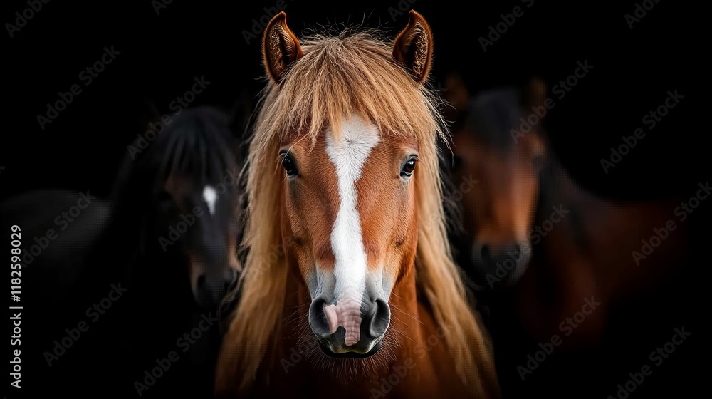 A chestnut horse with a flaxen mane and forelock stands out against a dark background, two other horses blurred behind it. A chestnut horse with a flaxen mane and forelock stands out against a dark background, two other horses blurred behind it.