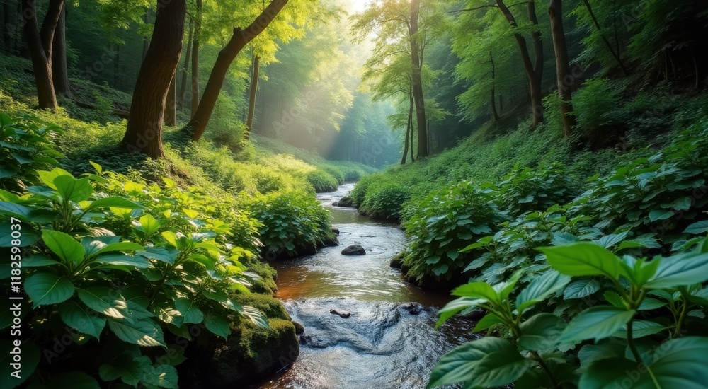 Arafed view of a stream running through a lush green forest Arafed view of a stream running through a lush green forest