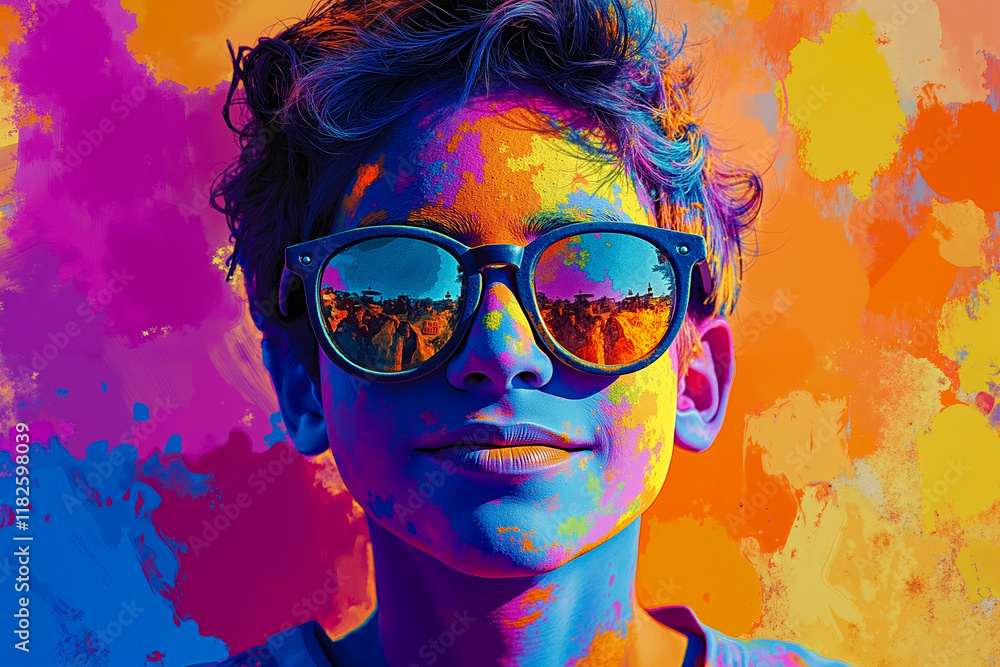 A young boy wearing sunglasses with colorful paint splatters on his face A young boy wearing sunglasses with colorful paint splatters on his face