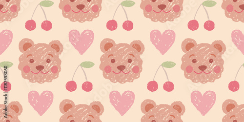 Bear pattern. Cute seamless teddy background. Crayon vector, kawaii baby animal face with cherry, heart. Watercolor, chalk or crayon print. Brown bear face, baby girl toy. Cartoon childish drawing bg