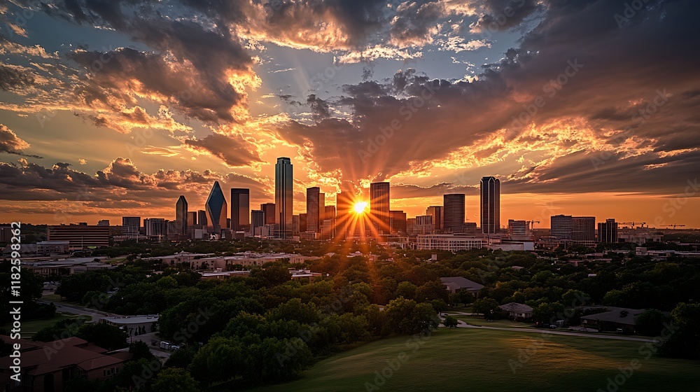 Naklejka premium Dallas Skyline Sunset Dramatic Orange Cloudscape