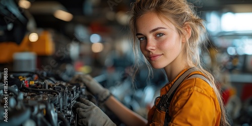 Wallpaper Mural A woman works on a machine in a factory, one phrase about the scene and another suggesting possible uses of the image Torontodigital.ca