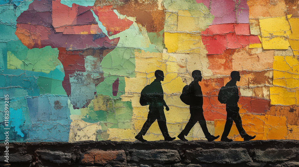 Obraz premium Silhouettes of people walking against colorful Africa map mural. Perfect for educational content, social campaigns, and cultural events. Represents progress, movement, and cultural richness